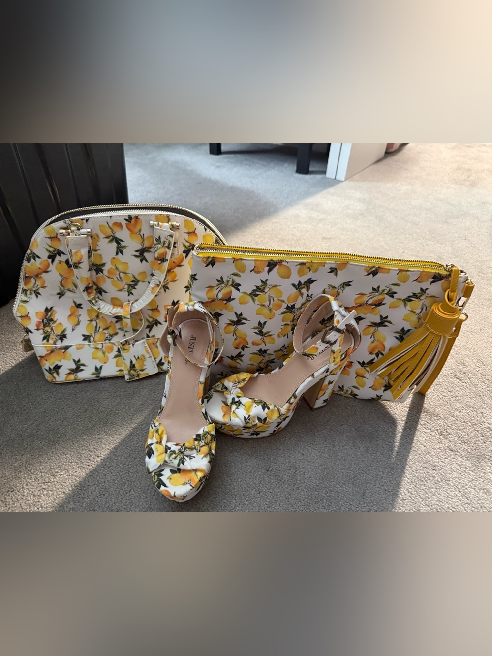JustFab Lemon Print Matching Set - Heels, purse, clutch